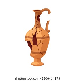Broken ancient pitcher, Greek pottery. Clay jug, cracked earthenware with fracture, breaches, holes, clefts, crevices. Antique historic crockery. Flat vector illustration isolated on white background