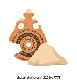 Broken ancient pottery with sand flat icon. Vector illustration