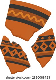 Broken ancient pottery shards, flat vector illustration isolated on white background.