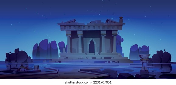 Broken ancient temple building at night. Old greek or roman architecture with columns and pediment, abandoned antique palace with road through lake, vector cartoon illustration