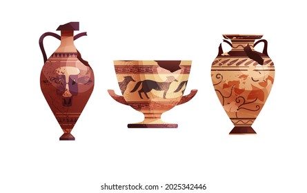 Broken ancient vases. Ceramic archaeological pot. Antique traditional clay jar for wine. Vector cartoon illustration. 