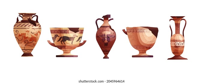 Broken ancient vases. Ceramic archaeological pot. Antique traditional clay jar for wine. Vector cartoon illustration. 