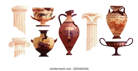 Broken Ancient Vases And Greek Columns. Ancient Roman Pillar. Ceramic Archaeological Pot. Antique Traditional Clay Jar For Wine. Vector Cartoon Illustration. 