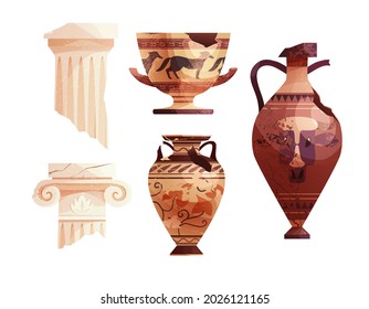 Broken ancient vases and Greek columns. Ancient Roman pillar. Ceramic archaeological pot. Antique traditional clay jar for wine. Vector cartoon illustration. 