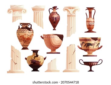 Broken ancient vases and Greek columns. Ancient Roman pillar. Ceramic archaeological pot. Antique traditional clay jar for wine. Vector cartoon illustration. 