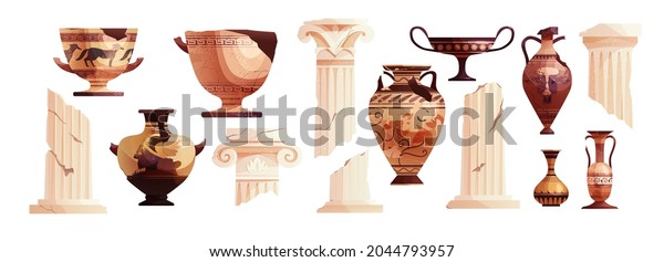 Broken ancient vases and Greek\
columns. Ancient Roman pillar. Ceramic archaeological pot. Antique\
traditional clay jar for wine. Vector cartoon illustration.\
