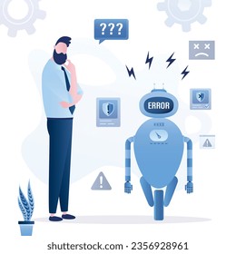 Broken android, AI with virus or code mistakes. dissatisfied user or businessman. Chatbot error. Assistant, chat bot, artificial intelligence doing mistakes, error in bot answers, program failure.