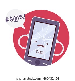Broken angry boy smartpone in a red circle. Cartoon vector flat-style concept illustration