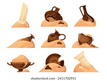 Broken antique ceramics crockery and pile with sand set isometric vector illustration. Cracked ancient pot vase amphora plate and column handmade pottery urn archaeology historical clay jar jug vessel