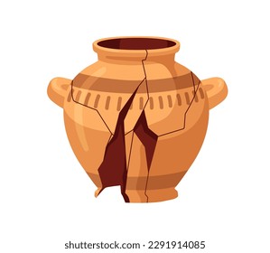 Broken antique pot. Old ancient pottery, cracked fracture ceramic vessel. Clay earthenware urn with clefts, fissures, holes. Damaged crockery. Flat vector illustration isolated on white background