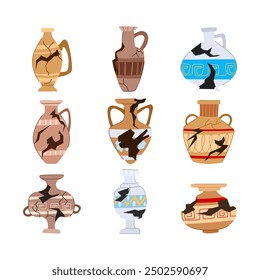 broken antique pot set cartoon. old greek, ceramic vessel, urn jug broken antique pot sign. isolated symbol vector illustration