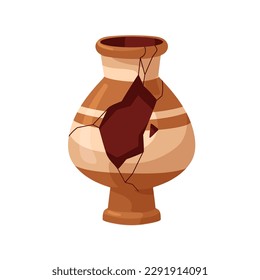 Broken antique pottery. Old cracked ceramics with clefts, fissures, holes. Damaged ancient earthenware. Smashed fractured crockery, vase. Flat vector illustration isolated on white background