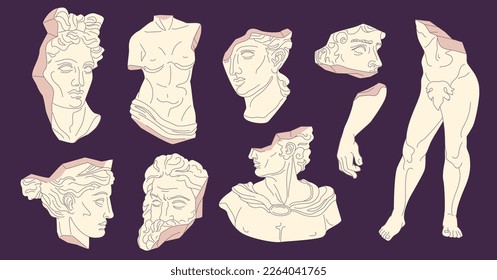 Broken antique statues. Detail portrait greek roman statue, ancient sculpture face artemis david apollo plaster bust head god trendy fashion culture ingenious vector illustration