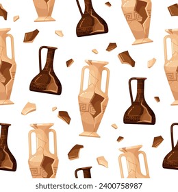 Broken antique vase vessel ceramic crockery historic pot seamless pattern design template isometric vector illustration. Cracked ancient amphora archeology artifact ruin clay tableware wallpaper decor