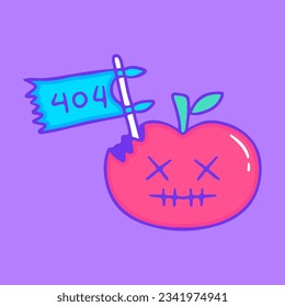 Broken apple fruit character with 404 flag inside, illustration for t-shirt, sticker, or apparel merchandise. With doodle, retro, groovy, and cartoon style.