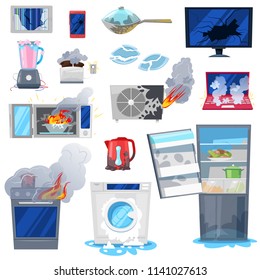 Broken appliance vector damaged homeappliances or burnt electrical household equipment in fire illustration set of burnt-out refrigerator or washing machine in damage isolated on white background