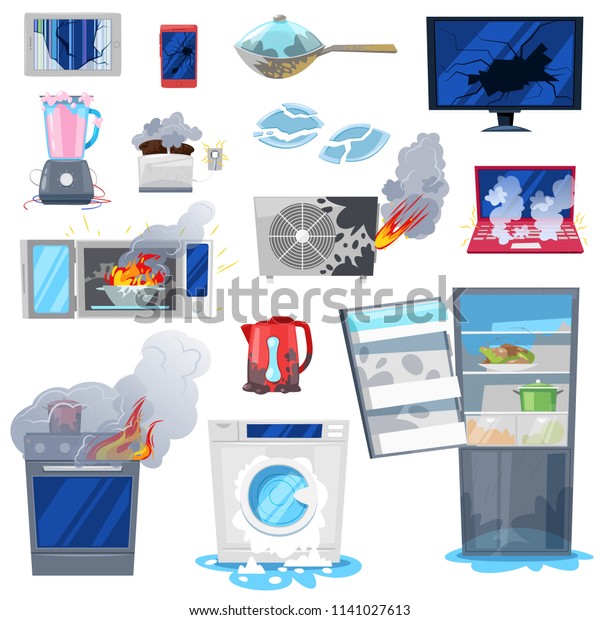 Broken appliance vector damaged homeappliances\
or burnt electrical household equipment in fire illustration set of\
burnt-out refrigerator or washing machine in damage isolated on\
white background
