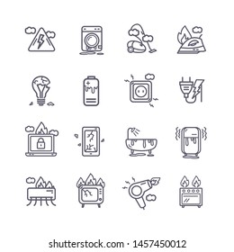 Broken Appliances Black Thin Line Icon Set Include Of Tv, Phone And Laptop. Vector Illustration Of Icons