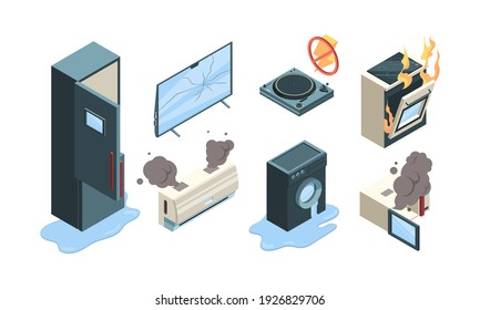 Broken appliances. Electronic technics home problems with gadgets washing machine conditioner boiler microwave tv fire garish vector isometric set