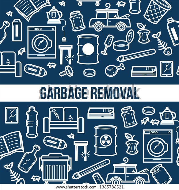 Broken appliances and litter garbage removal
seamless outline pattern vector spoiled furniture organic rubbish
and packs or bottles endless texture trash recycling and
utilization wallpaper
print.