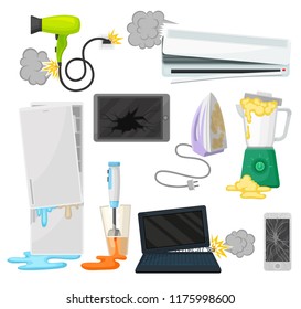 Broken appliances set, damaged electrical household equipment vector Illustrations on a white background