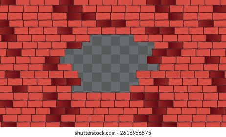 Broken architecture wall building construction with transparent background. Brickwall red texture background. Vintage style design 