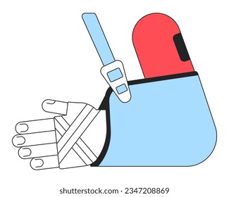 Broken arm in bandage flat line color isolated vector object. Medical arm sling. Editable clip art image on white background. Simple outline cartoon spot illustration for web design