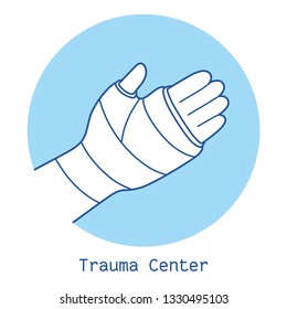 Broken arm, bone fracture, orthopedic plaster cast, trauma center rehabilitation icon.