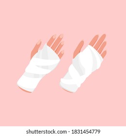 Broken arm, bone fracture, orthopedic plaster cast icon on pink background. Flat lay style. Damaged parts of the human body vector illustration