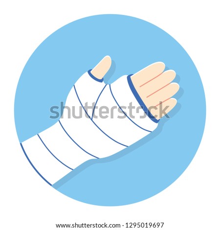Broken arm, bone fracture, orthopedic plaster cast, trauma rehabilitation flat vector icon.