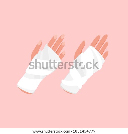 Broken arm, bone fracture, orthopedic plaster cast icon on pink background. Flat lay style. Damaged parts of the human body vector illustration