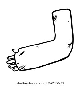 Broken arm cast doodle. Injured limb in gypsum plaster. Media glyph graphic icon