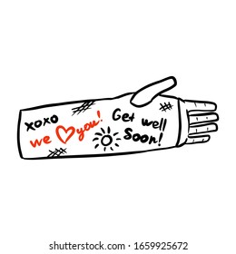 Broken arm cast doodle with positive writings from friends. Injured limb in gypsum plaster. Good get well soon wishes. Media glyph graphic icon