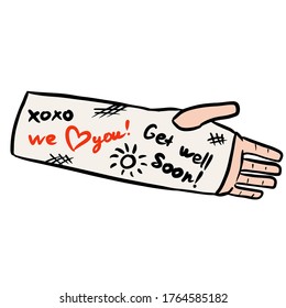El doodle de un brazo roto con escritos positivos de amigos y familia. Concepto de amor. Pierna herida en yeso de yeso. Bien, buenos deseos pronto. Icono gráfico de teclado de medios