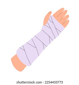Broken arm. Gypsum bandage. Medical care, treatment and rehabilitation. Help with trauma. Flat vector illustration isolated on white background