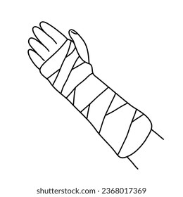 Broken arm. Gypsum bandage. Medical care, treatment and rehabilitation. Help with trauma. Flat vector illustration. Black and white sketch outline