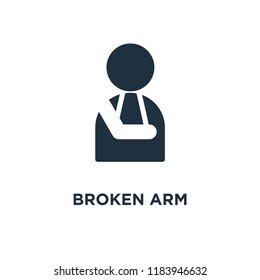 Broken arm icon. Black filled vector illustration. Broken arm symbol on white background. Can be used in web and mobile.