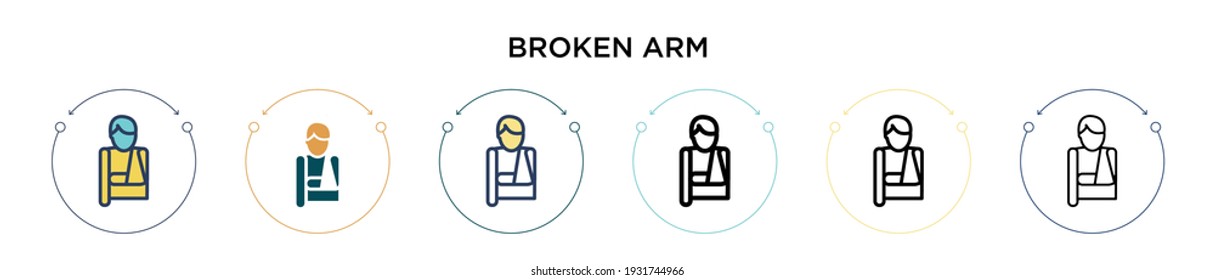 Broken arm icon in filled, thin line, outline and stroke style. Vector illustration of two colored and black broken arm vector icons designs can be used for mobile, ui, web