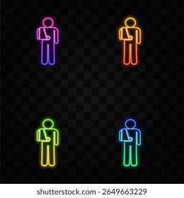 Broken arm icon. neon style. Trauma plaster disabled person disabled people.