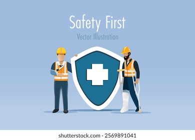 Broken arm and broken leg workers at medical symbol on safety shield. Safety first warning and awareness to prevent from accident injury at construction site. Vector.