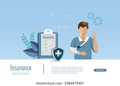 Broken arm man in OK manner with health insurance protection. Vector.