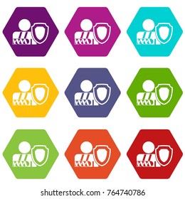 Broken arm and safety shield icon set many color hexahedron isolated on white vector illustration