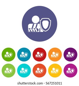 Broken arm and safety shield set icons in different colors isolated on white background