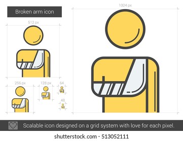 Icono de línea vectorial de brazo roto aislado en fondo blanco. Icono de línea de brazo roto para infografía, sitio web o aplicación. Icono escalable diseñado en un sistema de cuadrícula.