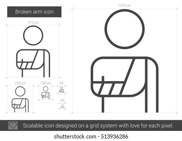 Icono de línea vectorial de brazo roto aislado en fondo blanco. Icono de línea de brazo roto para infografía, sitio web o aplicación. Icono escalable diseñado en un sistema de cuadrícula.