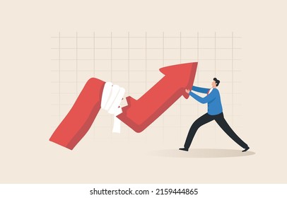 Broken arrow graph, Bankruptcy, economic crisis, loss of income. investment stabilization. Businessman trying to push the arrow graph to point up from the stock market crisis.