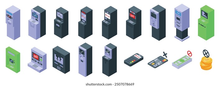Broken ATM icons set. This is a set of different modern atm money machines with touch screen displays, remote controls, and cash withdrawal errors