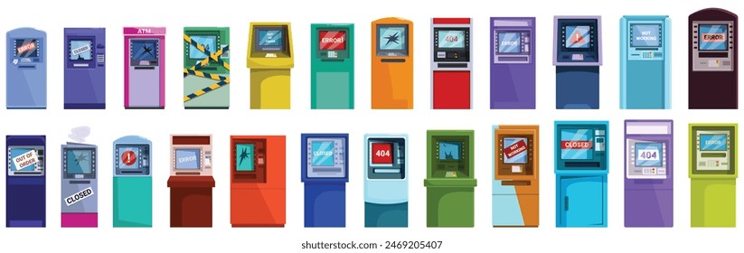 Zerbrochene ATM-Symbole setzen Vektorgrafik. Eine Reihe von bunten Automaten mit einer Vielzahl von Zeichen und Symbolen. Die Maschinen sind in einer Linie angeordnet, einige von ihnen sind grün, blau und rot