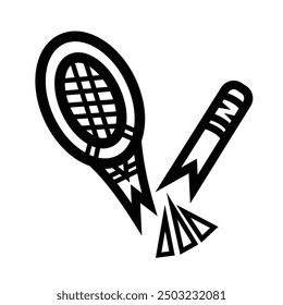 Broken badminton racket sport equipment isolated on square white background. Simple flat outlined cartoon art styled drawing.