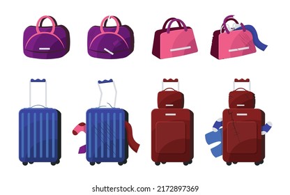 Broken bags and suitcases with clothes vector illustrations set. Collection of drawings of baggage with tears and cracks isolated on white background. Luggage, damage concept